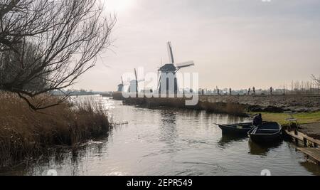 Scène hollandaise typique avec moulins à vent le long du bord de l'eau Banque D'Images