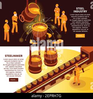 Industrie métallurgique 2 bannières isométriques avec des fabricants d'acier dans la fonderie et illustration du vecteur de convoyeur de moules en fonte Illustration de Vecteur