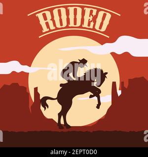 affiche de rodéo avec silhouette de cow-girl sur le cheval sauvage et le taureau. illustration vectorielle Illustration de Vecteur