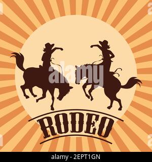 affiche de rodéo avec silhouette de cow-girl sur le cheval sauvage et le taureau. illustration vectorielle Illustration de Vecteur