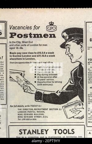 Annonce d'emploi pour les postes vacants au GPO (General Post Office) dans le Evening News Newspaper (jeudi 10 mai 1962), Londres, Royaume-Uni. Banque D'Images