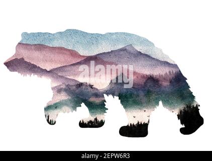 Silhouette d'ours et de forêt. Exposition multiple, aquarelle. Orignal avec bois sur fond de forêt. Illustration de la conception. Disparaissent Banque D'Images