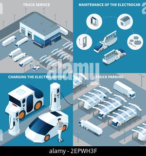 Véhicules électriques futuristes concept isométrique avec entretien de camion, entretien de voiture, charge de moteur, illustration vectorielle isolée de stationnement Illustration de Vecteur