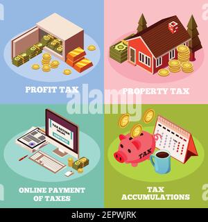 Comptabilité et impôts 2x2 concept isométrique avec impôt sur les bénéfices illustration vectorielle des icônes de paiement en ligne de taxe sur les propriétés Illustration de Vecteur