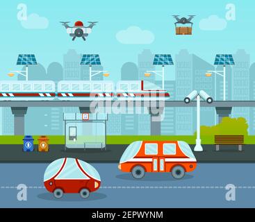 Composition urbaine intelligente avec des images de voitures futuristes de style dessin animé monorail et drones dans l'illustration de vecteur de paysage urbain Illustration de Vecteur