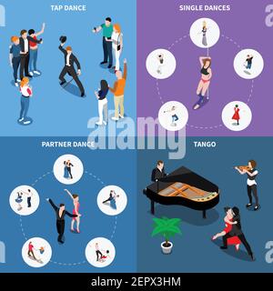 Danse unique et partenaire concept de conception isométrique avec musiciens, interprètes de tango et de robinet, illustration vectorielle isolée Illustration de Vecteur