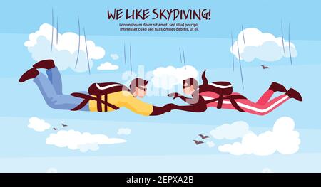Saut en parachute aventures bannière horizontale avec couple dans la tenue d'automne libre une expérience romantique à mains au-dessus des nuages illustration vectorielle Illustration de Vecteur
