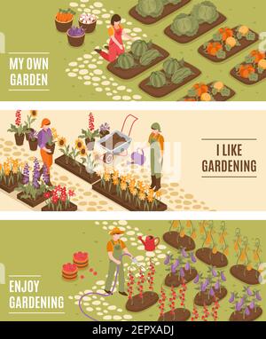 Ensemble de bannières horizontales isométriques de jardinage avec symboles fleurs et fruits illustration vectorielle isolée Illustration de Vecteur