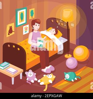 Mère lisant à haute voix des histoires de coucher assis sur le lit d'enfant préparant illustration vectorielle d'affiche kid for sleep retro Illustration de Vecteur