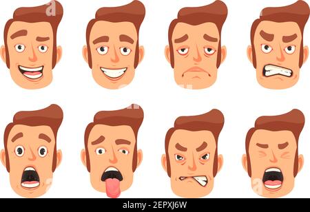 Hommes gestes du visage plaisir surprise peur dégoût émotions 8 mignon les icônes de dessin animé de la bouche définissent l'illustration vectorielle isolée Illustration de Vecteur