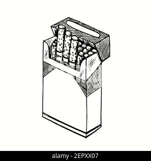 Paquet de cigarettes vierge ouvert tiré à la main.Dessin noir et blanc. Banque D'Images