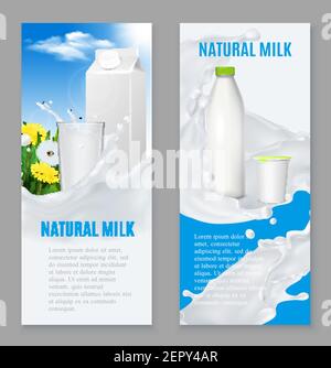 Produits laitiers réalistes, y compris le lait naturel et le yaourt bannières verticales bleues blanches illustration vectorielle isolée Illustration de Vecteur