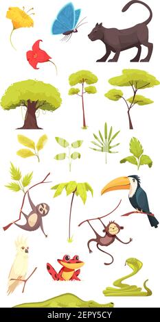 Pluie forêt habitants jungle flore faune insectes collection avec alligator cobra snake papillons singes illustration vectorielle isolée Illustration de Vecteur