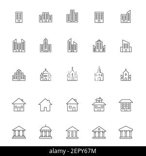 Ensemble d'icônes de ligne de construction. Collection de symboles linéaires de bâtiments et de biens. Vecteur isolé sur blanc Illustration de Vecteur