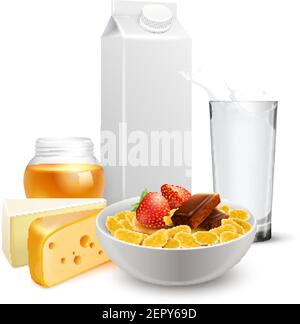 Petit déjeuner avec céréales dans un bol, verre de lait, fromage et pot de miel illustration réaliste de composition vectorielle Illustration de Vecteur