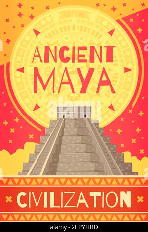 Affiche de civilisation maya colorée avec vecteur de dessin animé de la pyramide de teotihuacan illustration Illustration de Vecteur