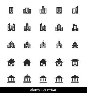Grand ensemble d'icônes de bâtiment. Collection noire silhouette symbole bâtiment et domaine. Vecteur isolé sur blanc Illustration de Vecteur