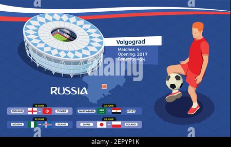 Russie, Volgograd. Juin 2018. Composition isométrique de la coupe de football avec stade et matchs dans l'illustration vectorielle de Volgograd Illustration de Vecteur