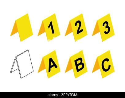 Motif marqueurs de scène de crime. Jeu d'icônes d'étiquette d'investigation jaune en plastique avec les lettres A, B, C et les chiffres 1,2,3. Contient également un symbole vide ou vide. Ven Illustration de Vecteur