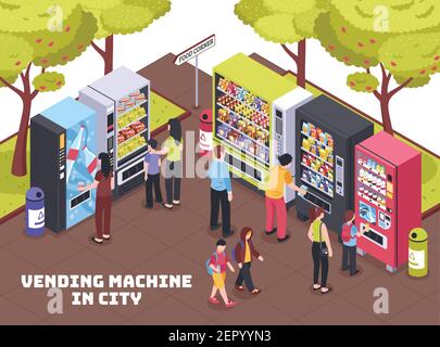 Distributeurs automatiques dans la zone commerçante de la ville qui vendent des boissons rafraîchissantes en-cas grains de café illustration vectorielle de composition isométrique Illustration de Vecteur