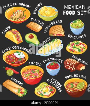 Menu mexicain traditionnel composé de tacos burritos Chili illustration du vecteur d'arrière-plan du tableau noir de con carne guacamole Illustration de Vecteur