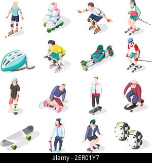 Jeu d'icônes isométriques de roller et de skateboarders d'équipement sportif d'athlètes et éléments de l'illustration du vecteur de protection du corps Illustration de Vecteur