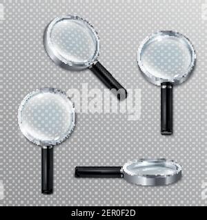Jeu de loupes réalistes avec rebord métallique et noir manipulez l'illustration vectorielle isolée sur fond transparent Illustration de Vecteur