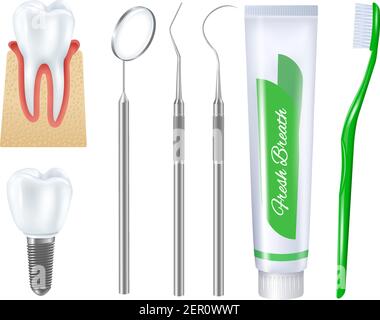 Jeu dentaire réaliste de brosse à dents dentifrice tube prothèse sur implant base et outils médicaux pour l'illustration du vecteur de traitement des dents Illustration de Vecteur