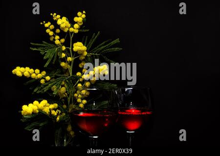 branche de mimosa et deux verres de vin rouge un arrière-plan sombre Banque D'Images