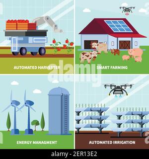 Agriculture intelligente avec récolteuse sans pilote, arrosage automatique, gestion de l'énergie, concept de conception plate orthogonale, illustration vectorielle isolée Illustration de Vecteur