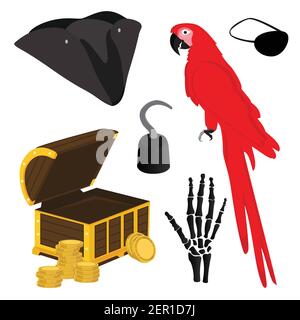 Ensemble d'icônes de pirate d'illustration vectorielle avec crochet de pirate, chapeau de pirate, patch pour les yeux de pirate, perroquet rouge, os de main et coffre de Trésor Illustration de Vecteur