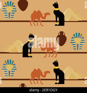 Illustration vectorielle égypte motif sans couture avec symboles de l'Égypte. Égypte chat, pyramides de gizeh, amphore, chameau et masque pharaon Illustration de Vecteur