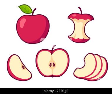 Ensemble de dessins animés aux pommes rouges. Fruits entiers et noyau, coupe transversale de pomme coupée, tranches. Illustration de clip art vectoriel isolée. Illustration de Vecteur