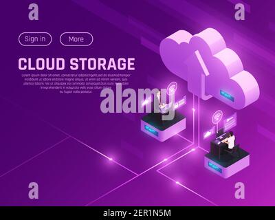 Composition isométrique lumineuse de bureau Cloud avec boutons cliquables de texte modifiables pictogramme cloud et deux espaces de travail modernes Illustration de Vecteur