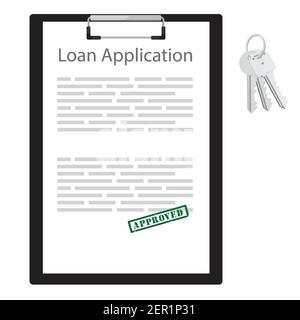 Application de prêt d'illustration vectorielle avec tampon en caoutchouc vert approuvé et lot de clés. Contrat. Illustration de Vecteur