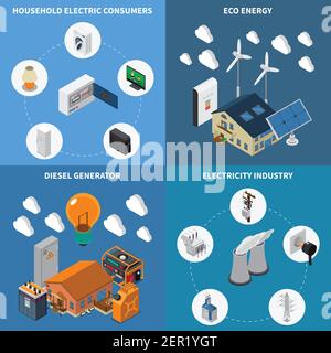 La consommation d'électricité des ménages fournit de l'énergie écologique et de l'énergie diesel industrielle générateurs concept 4 compositions isométriques Illustration de Vecteur