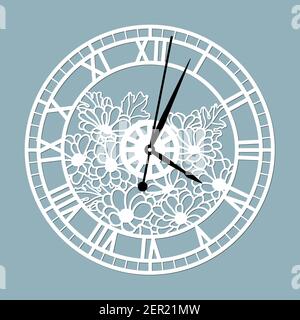 Cadran d'horloge simple avec chiffres romains. Modèle vectoriel pour découpe au laser. Silhouette de cadran isolée sur fond gris. Thème floral de l'illustration. Illustration de Vecteur