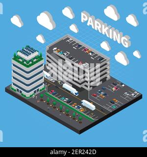 Garage à plusieurs étages, parking sur plusieurs niveaux avec intérieur empilé et de la composition isométrique des lots extérieurs Illustration de Vecteur