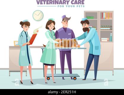 Composition de soins vétérinaires avec médecins vétérinaires lors de l'inspection de l'intérieur du chien eléments plats Illustration de Vecteur