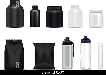 Conditionnement physique bouteilles de boisson sport nutrition récipients de protéines paquets noir blanc illustration de vecteur métallique en plastique réaliste avec ensemble isolé Illustration de Vecteur