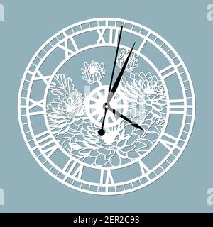 Cadran d'horloge simple avec chiffres romains. Modèle vectoriel pour découpe au laser. Silhouette de cadran isolée sur fond gris. Thème floral de l'illustration. Illustration de Vecteur