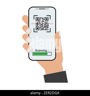 Icône plate du scanner Mobil avec une main isolée sur fond blanc. Illustration du vecteur du lecteur de code QR . Illustration de Vecteur