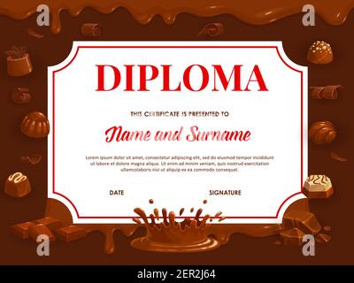 Diplôme d'études avec certificat d'école de chocolat, de vecteur ou de maternelle. Modèle de cadre pour friandises et desserts avec dessus chocolat ou cacao Illustration de Vecteur