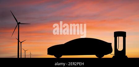 Silhouettes de chargement de voitures électriques et éoliennes. Obtenir de l'électricité à partir de sources d'énergie renouvelables Banque D'Images