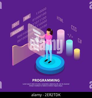 Freelance programmant une composition isométrique en arrière-plan avec des images infographiques personnages et texte modifiable avec images vectorielles colorées illust Illustration de Vecteur
