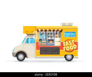 Fast Food Truck voiture vecteur isolée, caricature jaune van pour la vente de nourriture de rue. Café ou restaurant sur roues, transport avec des hommes de tableau noir Illustration de Vecteur