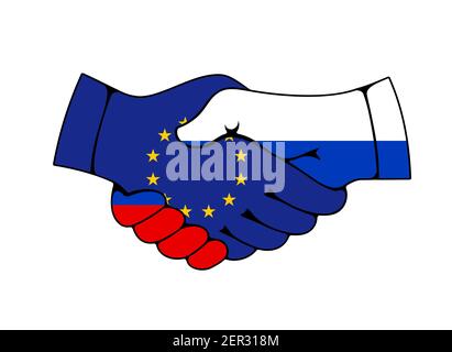 Icône représentant un vecteur d'accord de partenariat entre la Russie et l'Union européenne, d'accords commerciaux et commerciaux. Des drapeaux russes et européens ont rejoint les mains des hommes. Pol Illustration de Vecteur