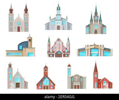 Symboles vectoriels des bâtiments de l'église catholique. Cathédrale isolée, chapelles et façades de monastère. Conception des églises médiévales et modernes, évangélique chrétien re Illustration de Vecteur