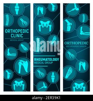 Orthopédie et rhumatologie, traitement des maladies articulaires. Rayons X des articulations du corps humain, colonne vertébrale, genou et hanche, bassin, épaule et pied, poignet, coude vectoriel. Illustration de Vecteur