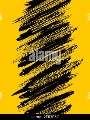 Imprimés de pneus de grunge, motif noir abstrait vectoriel sur fond jaune pour le service automobile ou le tournoi de course. Rallye, motocross di Illustration de Vecteur